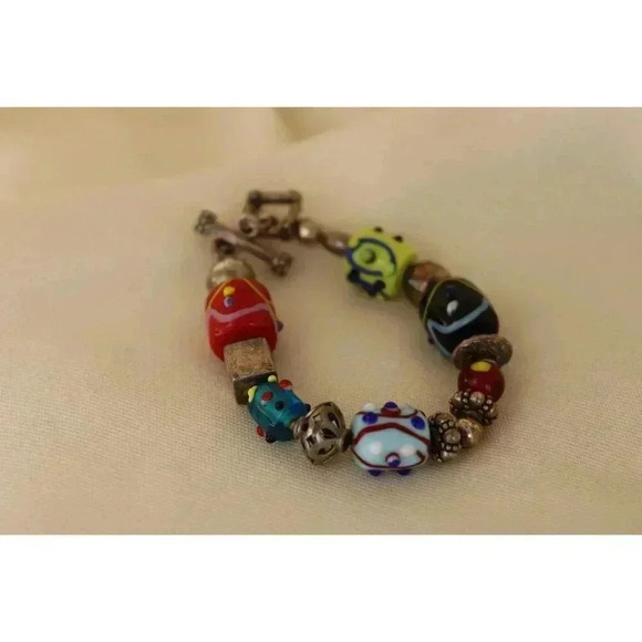 Silver and art glass bead bracelet‎ 925 colorful 8 inch, multicolored gift hobo - Picture 4 of 6